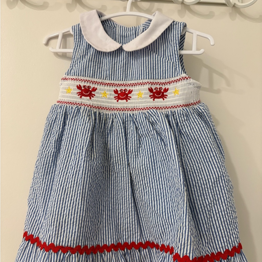 Good Lad Blue Seersucker Smocked Crab Dress